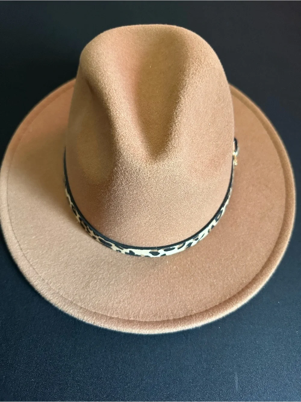 Classic Tan Wool Felt Fedora with Leopard Band